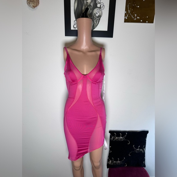 OW Collection Swirl Mini Dress in Pink Dreams mesh bodycon - Picture 3 of 7